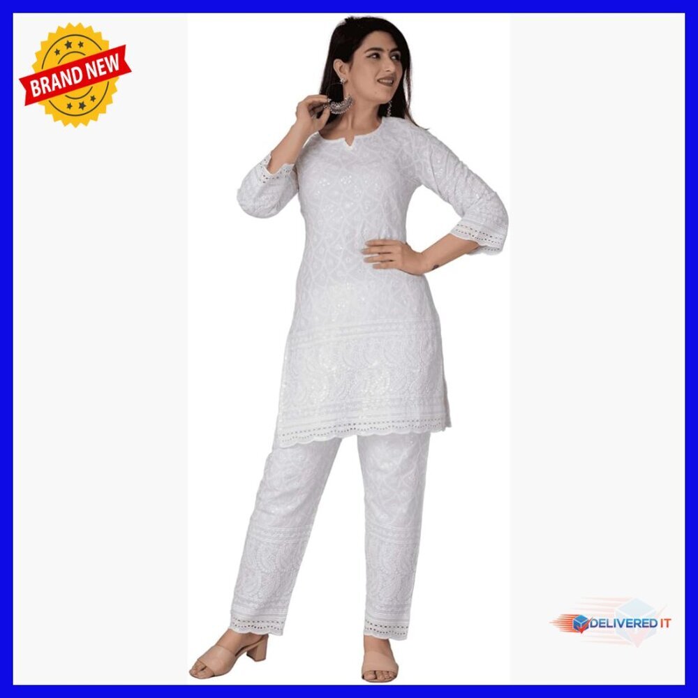 Chikankari Cotton Kurti Pant Set Long Sleeve A-Line Suit